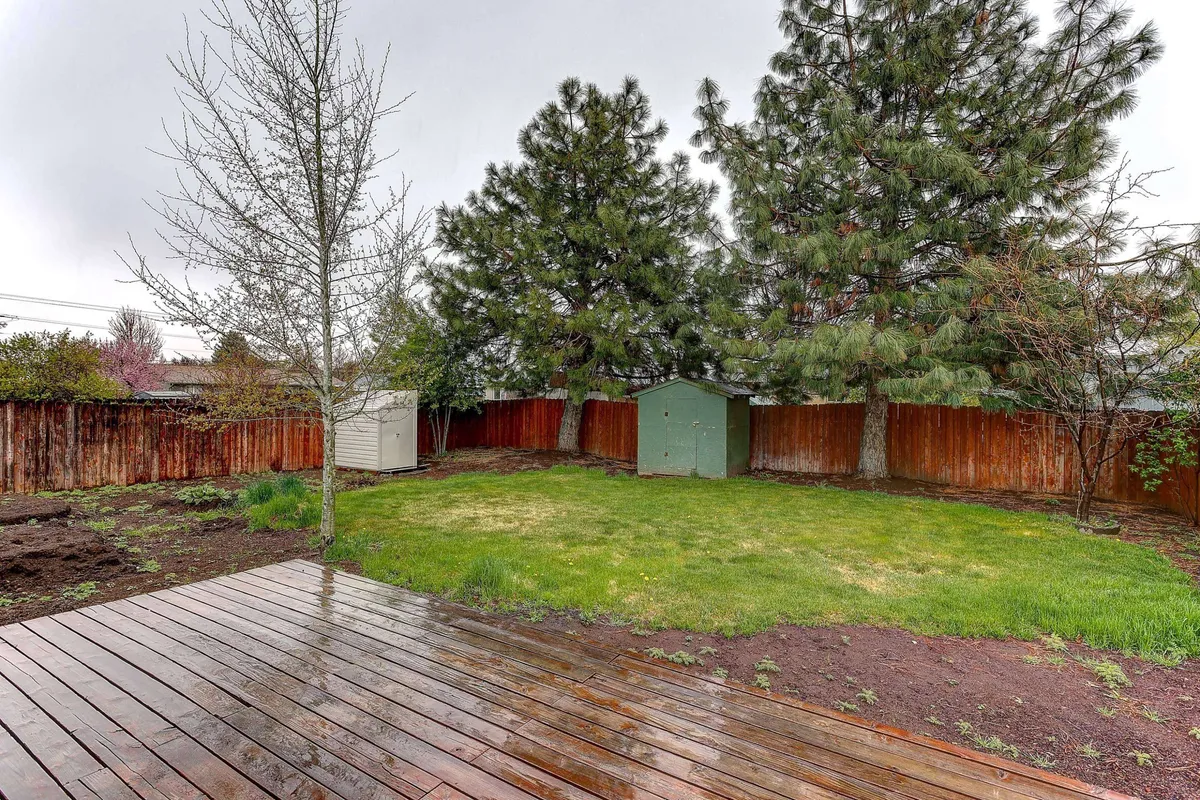 This image captures a spacious backyard scene with a wooden deck, a green shed, a well-maintained lawn, and tall pine trees. The area is bathed in natural light, inviting outdoor relaxation, play, and gatherings.